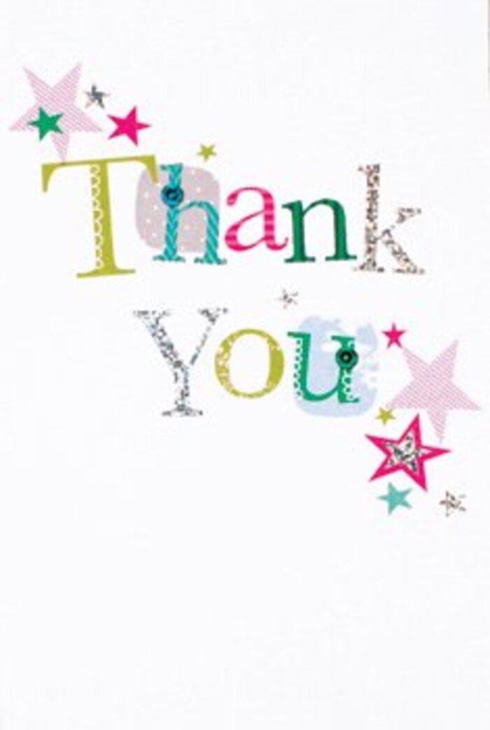 Poised with elegant flair, this thank you card's arrangement of letters channels a spirit of quiet exuberance-each character rendered with whimsical spots, playful curves, or gently sweeping lines that feel as rhythmic and vivacious as the side streets of Fitzrovia itself. Vibrant stars cluster near the greeting, sparkling with magenta stripes and turquoise glow, their silver facets catching the light subtly, as if bestowing an extra blessing for your words. The composition is breezy and modern, reminiscent of the open spaces and urban greenery found along Riding House Street. A sprinkling of stars animates the pristine white backdrop, making each detail pop with understated sophistication. The card's balance, neither too formal nor too relaxed, makes it inviting to all ages and occasions-a versatile companion for thank you bouquets destined for Fitzrovia's offices or flats. The sentiment is warm, memorable, and uplifting, echoing the comfort that comes when fresh flowers and sincere gratitude come together in the heart of London. Thoughtfully nestled beside a bouquet or tucked into a delivery, this card is a radiant flourish, perfect for brightening any Fitzrovia day.