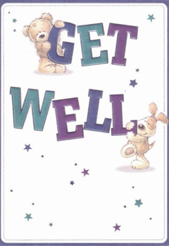 This charming get well card, reminiscent of the welcoming streets around Goodge Street and Rathbone Place, instantly infuses any space with comfort and delight. The scene shows a plush teddy bear, fluffy and friendly, perched atop the bold word 'GET,' while an eager, floppy-eared puppy nestles lovingly near the sturdy 'WELL' below. Their rounded shapes and expressive faces offer a gentle embrace, mirroring the affectionate spirit you feel during a walk through Fitzrovia's historic gardens. Swirling between them, a shower of shimmering starbursts in deep purples and lively teals sets an optimistic tone, echoing the vibrant wildflower arrangements often crafted by local florists for those in need of cheer. The words themselves-bold, layered with shades of Fitzrovia's unique palette-stand confidently against a spotless background, creating a tranquil sense of possibility. As a florist who's hand-tied countless bouquets meant to heal and uplift, I see the same thoughtful artistry in these brushstrokes: every detail composed to brighten a moment of recovery. This card, just like our handpicked fresh flowers available for local delivery, offers a soothing spirit, embodying hope, kindness, and solace for anyone needing a gentle reminder that better days are ahead.